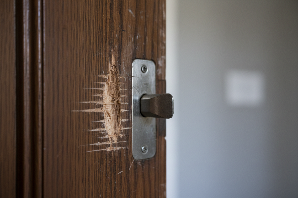 Traces de forçage visibles sur un chambranle de porte en bois révélant une tentative d