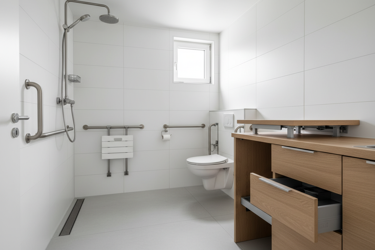 Salle de bains et cuisine adaptées PMR dans une tiny house, avec douche de plain-pied et plan de travail accessible en fauteuil roulant.