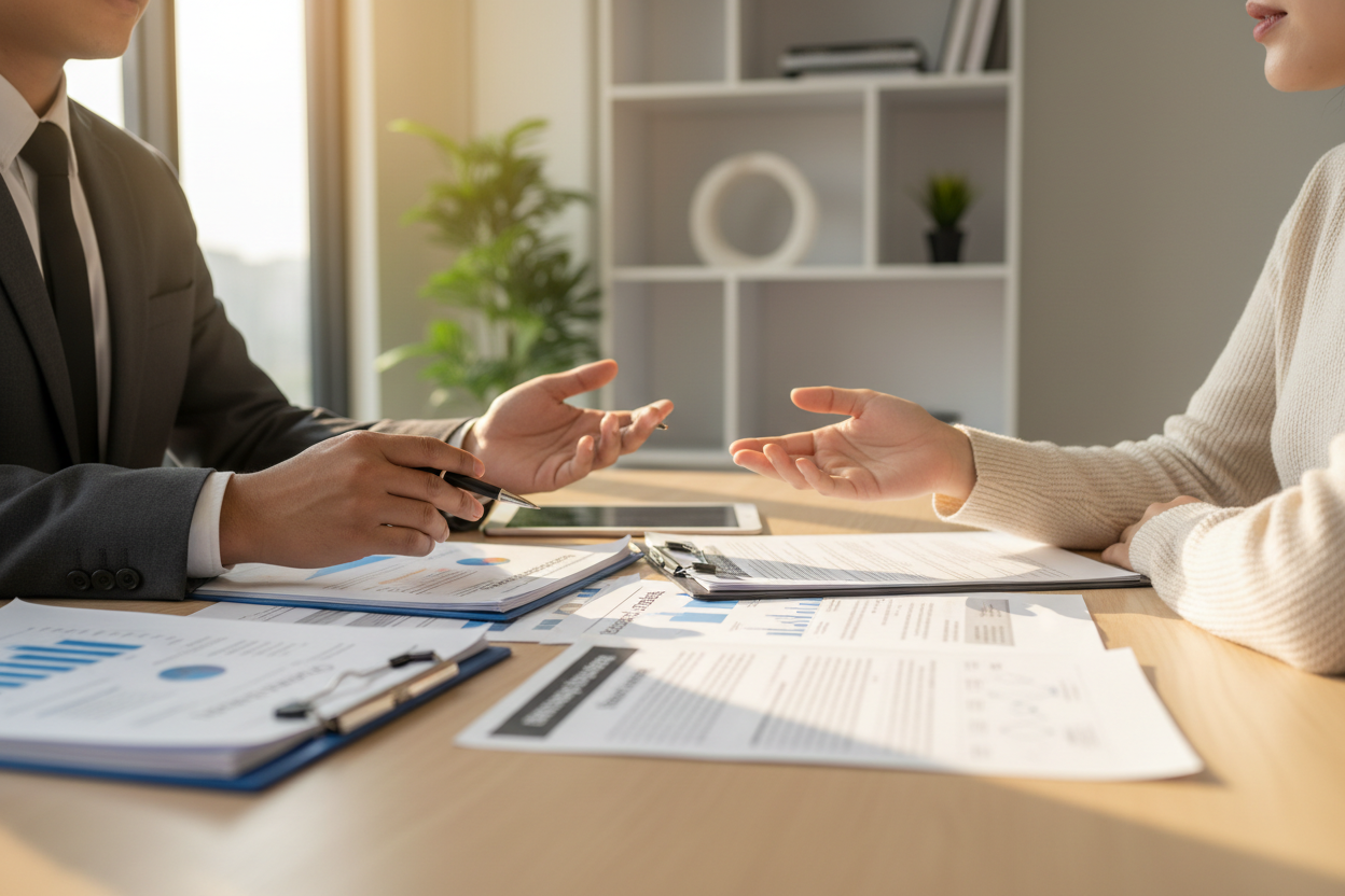 Propriétaire et conseiller juridique examinant des documents réglementaires obligatoires liés à la vente d'un bien immobilier.