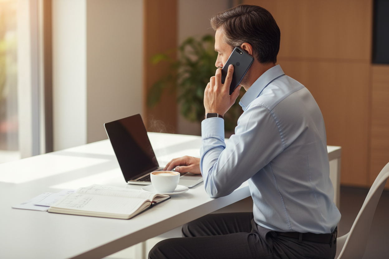 Une personne téléphone à une agence immobilière tout en rédigeant un message de contact sur son ordinateur portable.