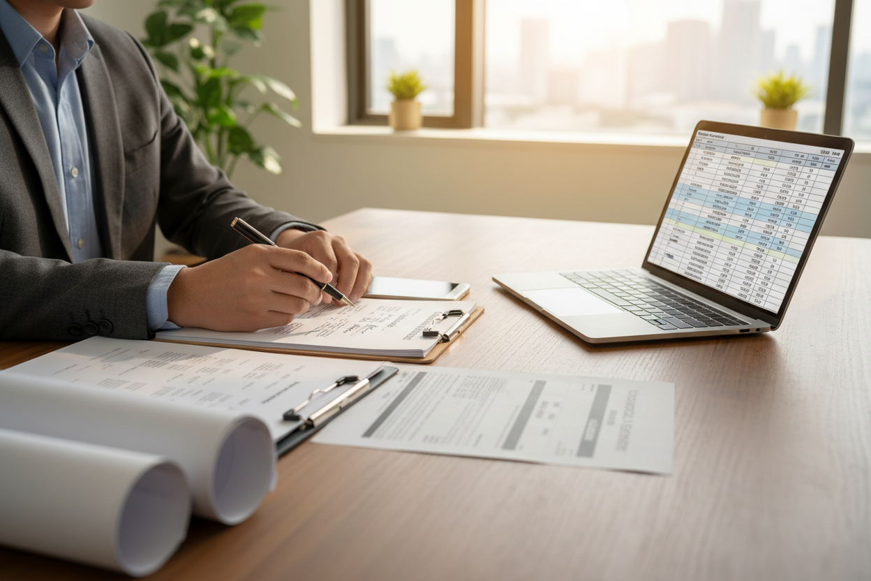 Un professionnel de l'immobilier en Dordogne examine des documents d'estimation et diagnostics techniques d'un bien à vendre.