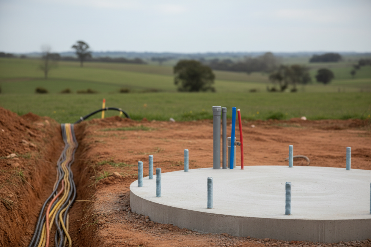 Dalle béton circulaire et tranchées de raccordement eau et électricité sur terrain rural pour une yourte.
