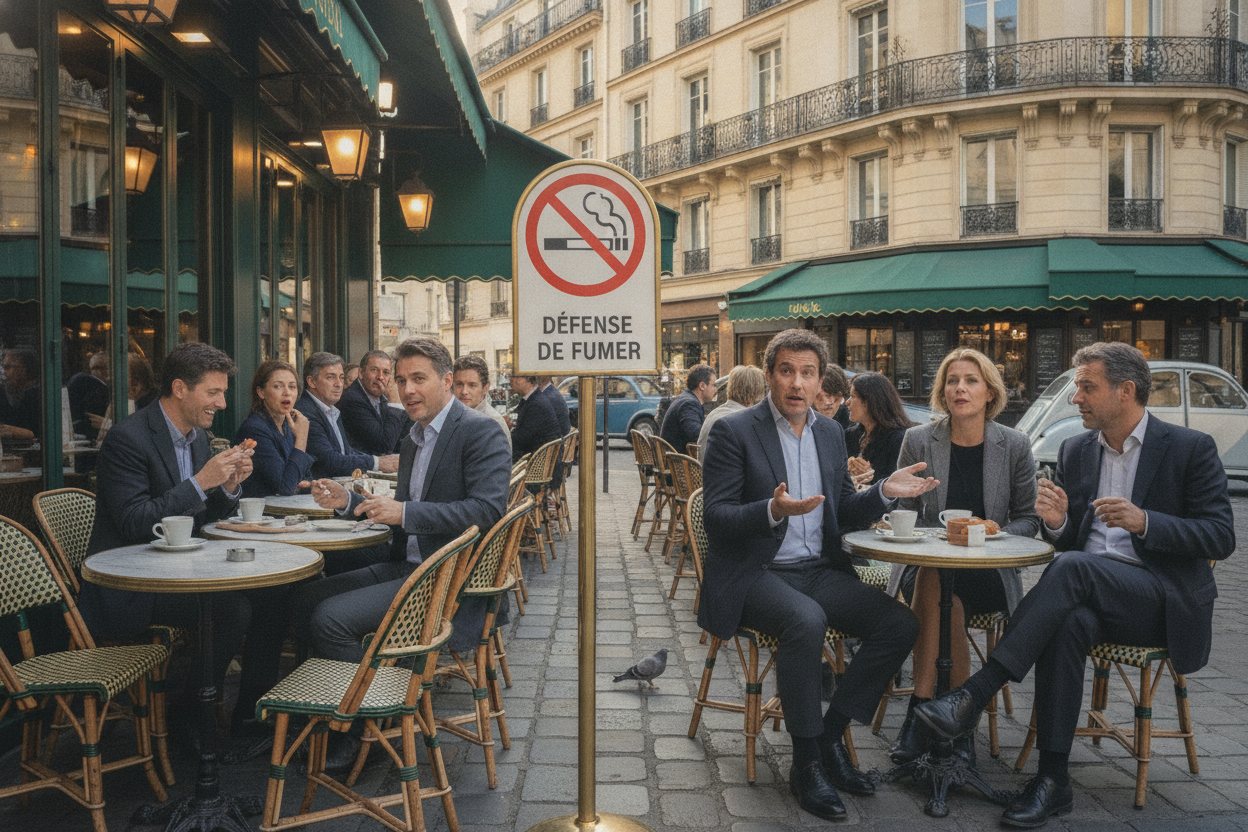 Une terrasse de café française avec des panneaux d'interdiction de fumer visibles.