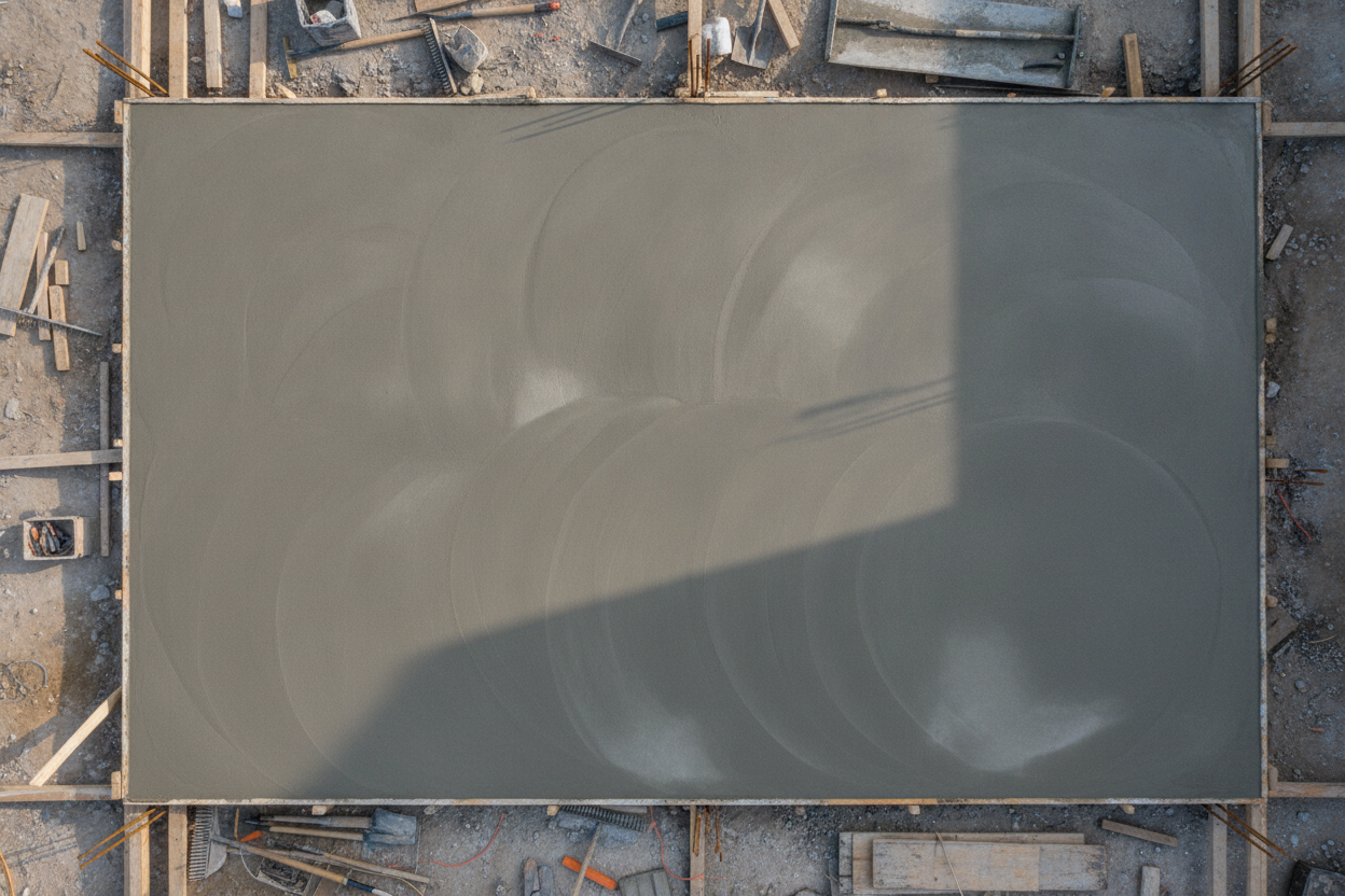Dalle de béton fraîchement coulée sur un chantier de construction résidentielle en vue rapprochée.