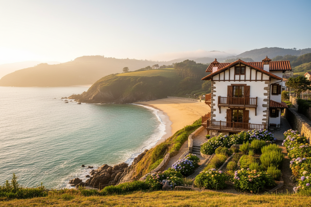 Maison côtière basque d'époque sur falaise avec vue directe sur plage de Guéthary, lumière dorée.